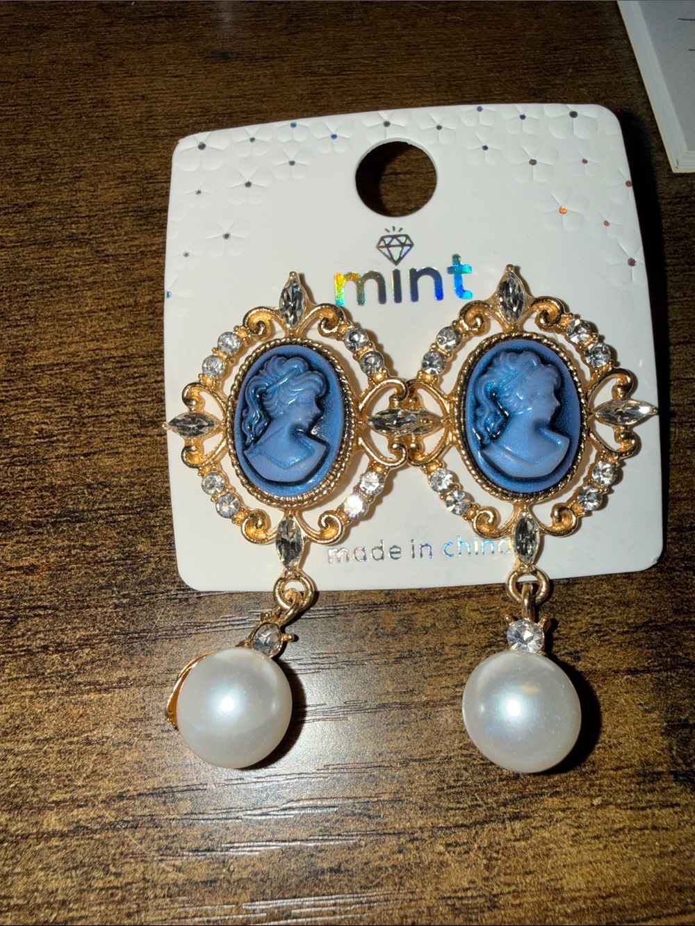 Mint Gold-Tone Blue Cameo Pearl Drop Earrings